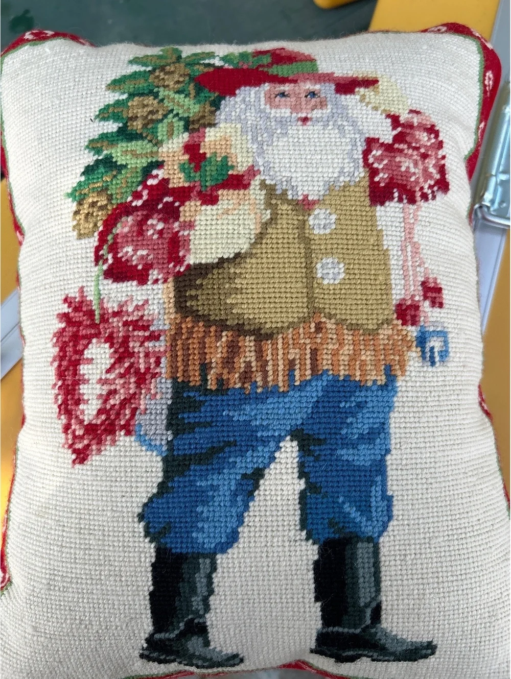 Vintage look  Needlepoint Santa Claus Decorative Pillow